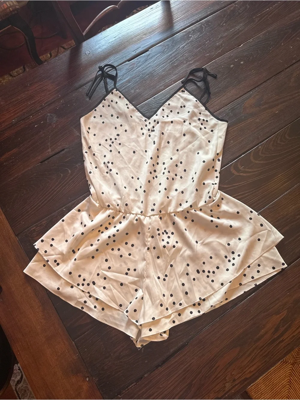 kate spade Cream Polka Dot Satin Sleep Romper with Black Trim